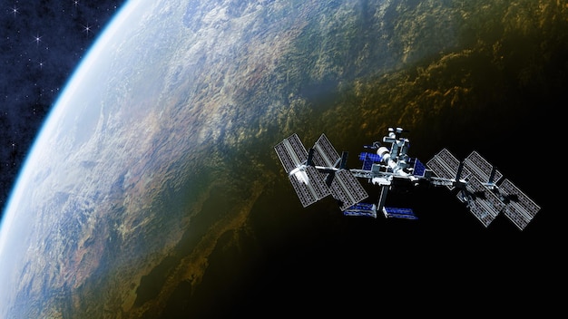 3D illustration International space station on orbit of Earth planet ISS Dark background Elements of this image furnished by NASA