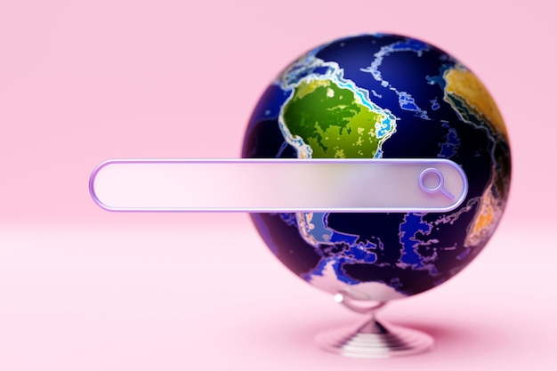 3d illustration of an internet search page and earth planet model with world map on a pink background Search bar icons