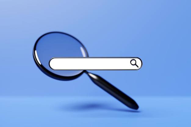 3D illustration of a internet search page with magnifying glass with shadow on blue isolated background