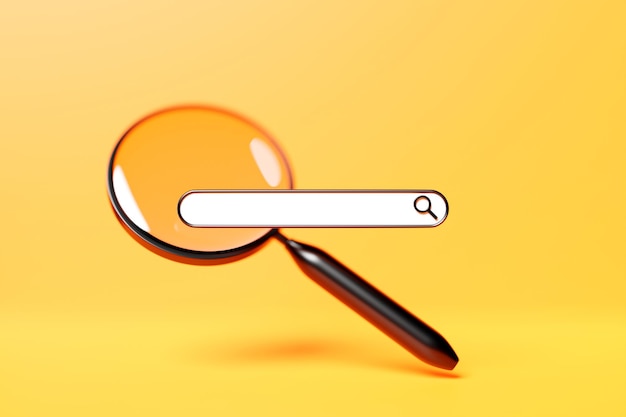 3D illustration of a internet search page with magnifying glass with shadow on yellow isolated background