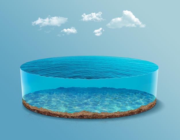 3d illustration of isolated isometric blue water section. 3d isometric piece of ocean and soil.