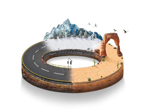 3D illustration of isometric circle road. infinity circle road with desert and snow forest isolated.