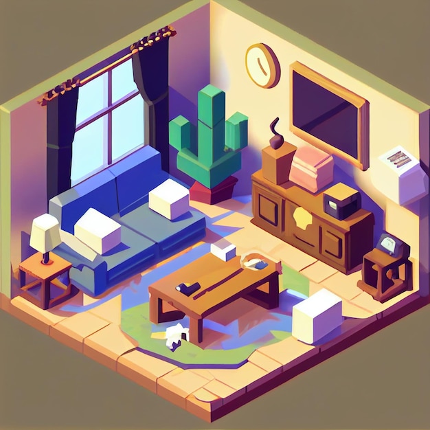 3d illustration isometric interior cute design Living room includes a lot of voluminous objects and details