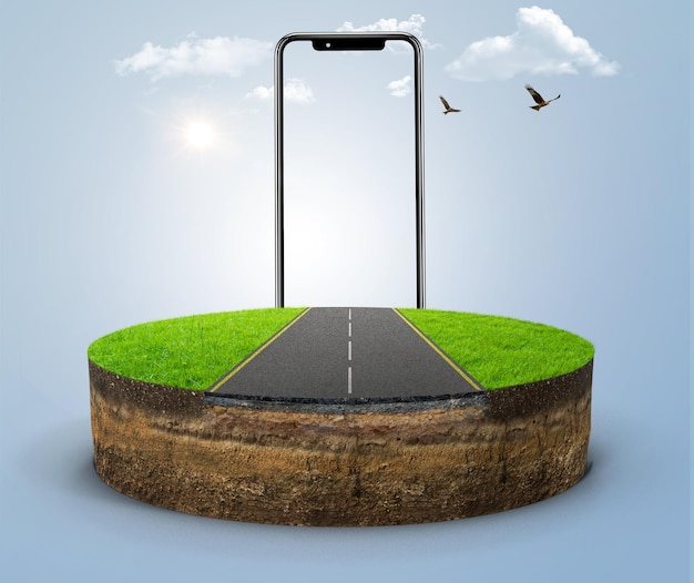 3D illustration of isometric piece of land with road and smartphone isolated. highway advertisement.