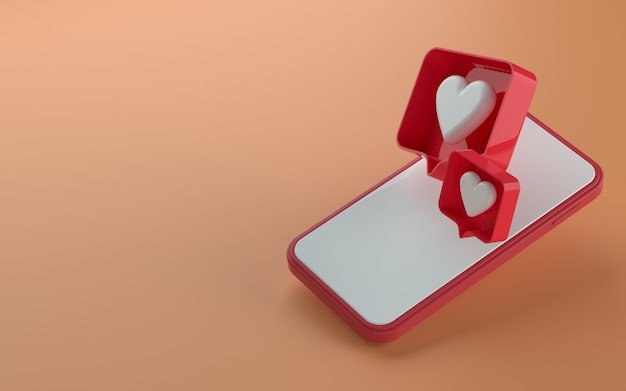 3d illustration of isometric view phone with like notification icon on top and side