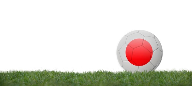 3D illustration japan flag on soccer ball on grass copy space with white background