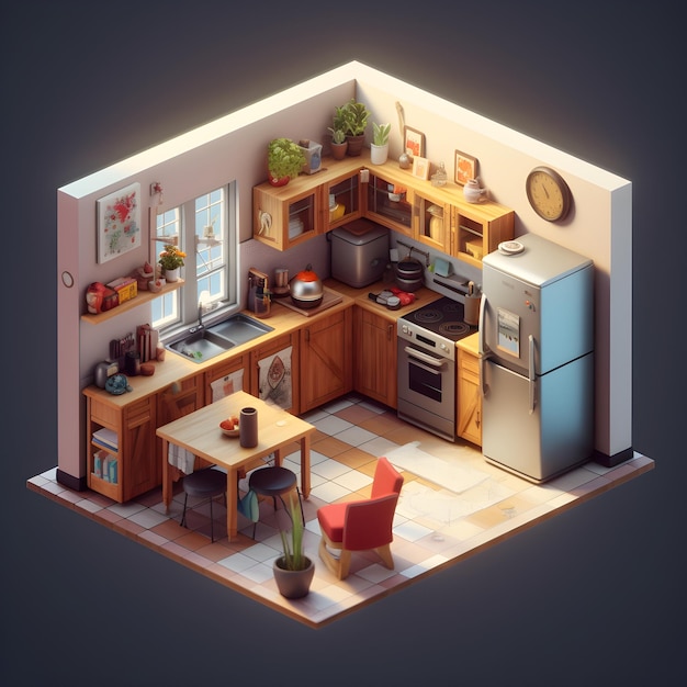 A 3d illustration of a kitchen with a table and chairs and a refrigerator.