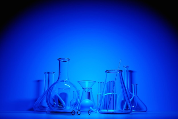 3D illustration laboratory glass equipment test tubes and flasks on blue background Laboratory glassware for medical or scientific research Empty flasks glasses