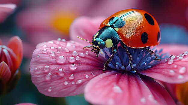 Photo 3d illustration of ladybug on pink flower with dew drops