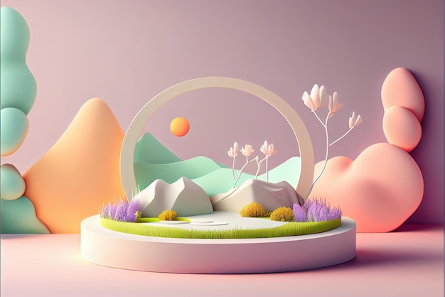 A 3d illustration of a landscape with mountains and flowers.