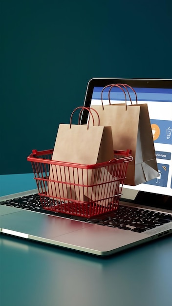 3d illustration a laptop with a shopping basket and paper bags