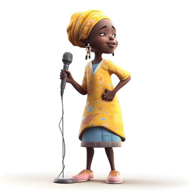 3D Illustration of a Little African Girl with a Microphone