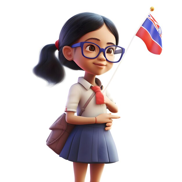 3D Illustration of a Little Asian Girl Holding a North Korea Flag