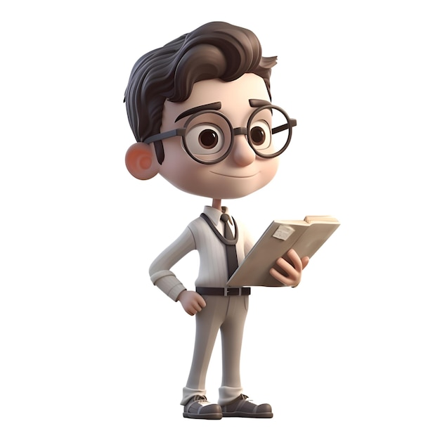 3D Illustration of a Little Boy with glasses and a book