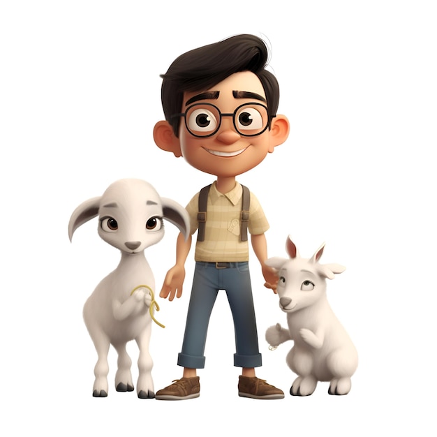 3d illustration of a little boy with goats isolated on white background