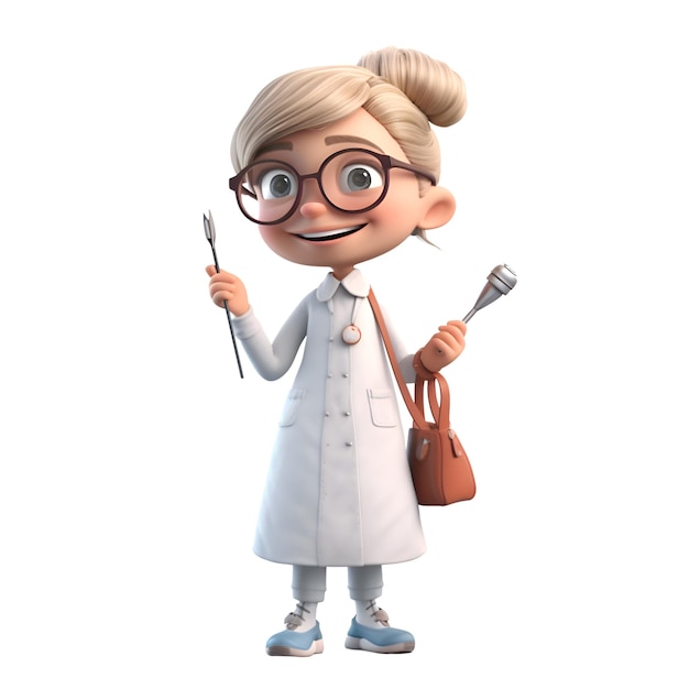 3d illustration of a little girl in a lab coat and glasses