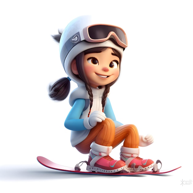 3d illustration of a little girl skier sitting on a snowboard