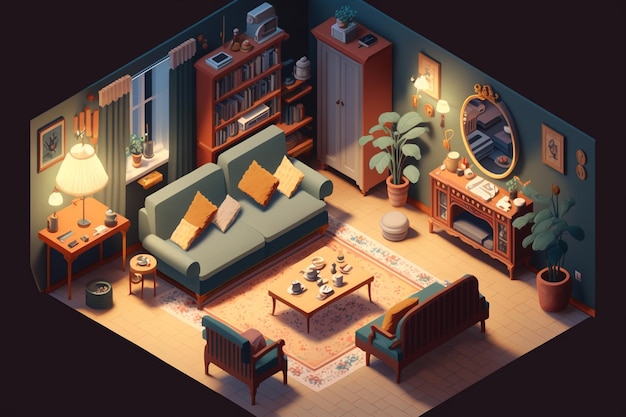 A 3d illustration of a living room with a couch and a coffee table.