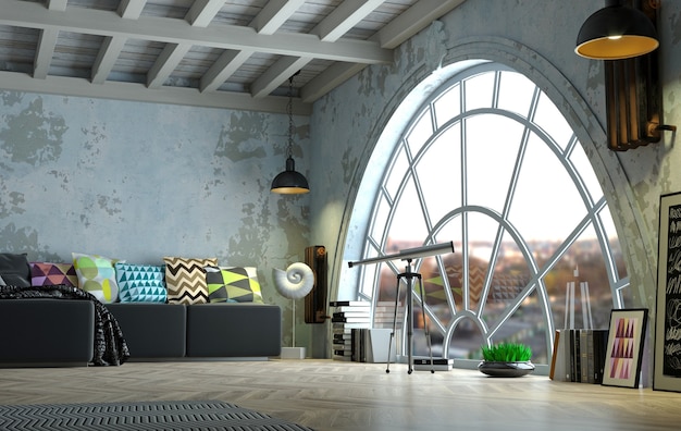 3d illustration. Loft-style attic interior with a huge arched window. Panorama of the city. Studio