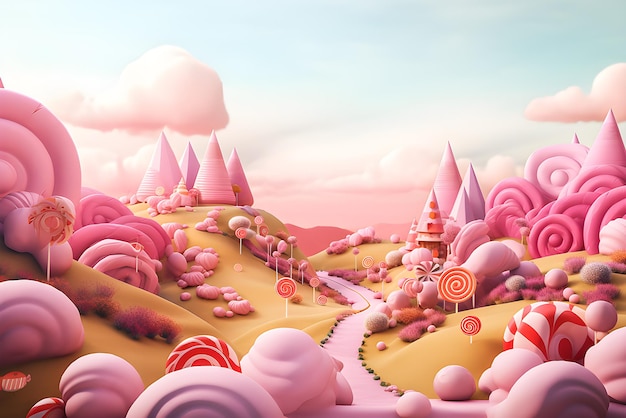 3D illustration of a magical fantasy pink candy world generated ai