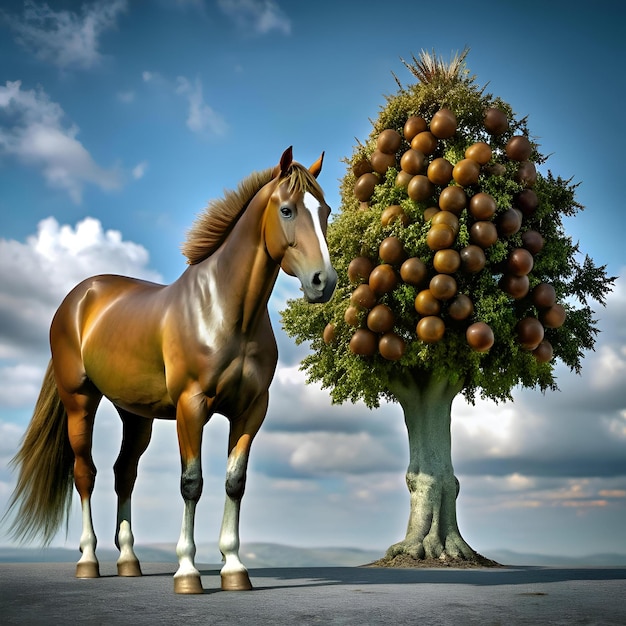 Photo a 3d illustration of a majestic brown horse standing beside a lush tree laden with large chestnut like fruits