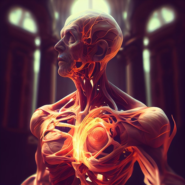 3D Illustration of a male anatomy with visible brain and circulatory system