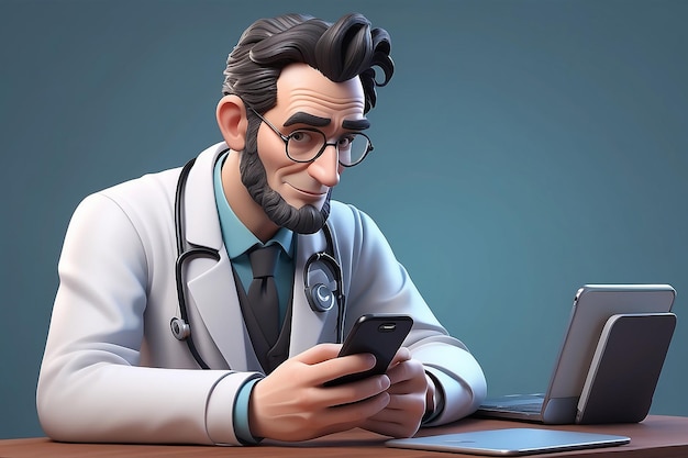 Photo 3d illustration of male doctor lincoln looking at smartphone and chatting portraits of cartoon characters talking and typing on the phone communication in social networking mobile connection