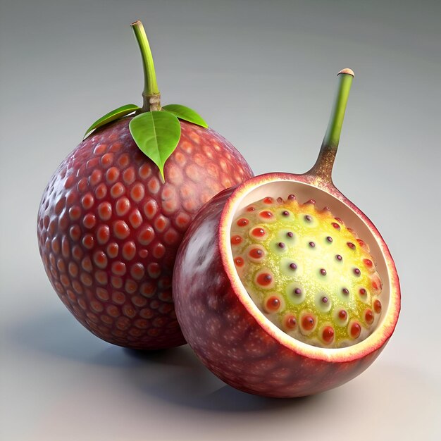 Photo a 3d illustration of a mamoncillo fruit showcasing the unique texture of the skin and the vibrant seeds inside