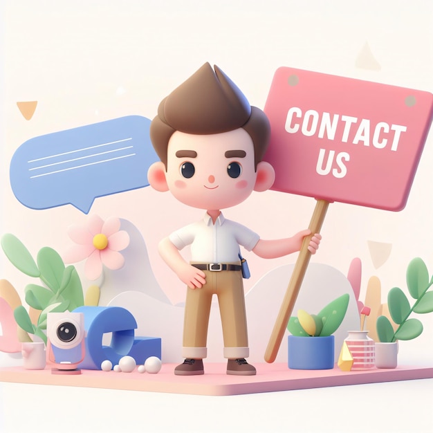 3d illustration of a man holding a sign that says Contact Us