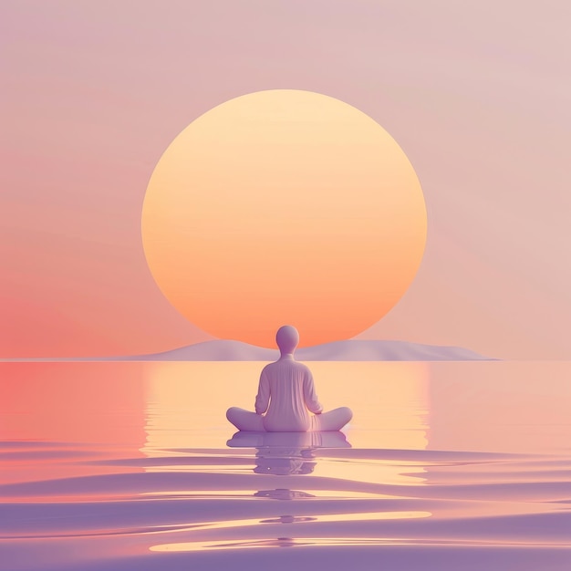 Photo 3d illustration of a man meditating in lotus position on the water