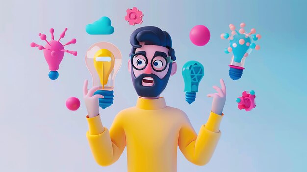 Photo a 3d illustration of a man with glasses and a beard surrounded by colorful light bulbs