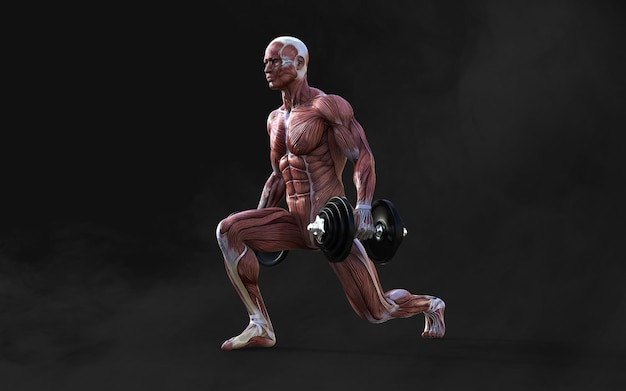 3d Illustration of a man with muscles on his back doing a dumbbell exercise