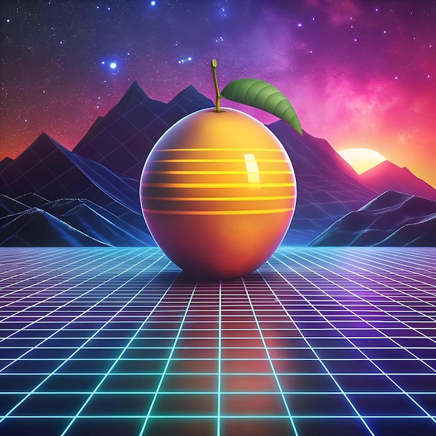 A 3D illustration of a mangaba fruit in a retro 80s style setting