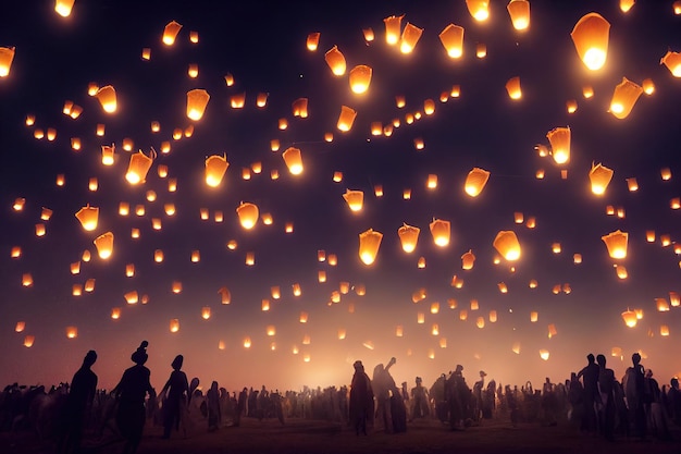 3d illustration of many yee peng paper balloon and fire in air in asia