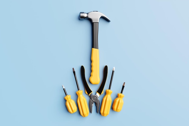 3D illustration of a metal hammer with a yellow handle screwdrivers pliers hand tools isolated on a white background 3D render and illustration of repair and installation tool