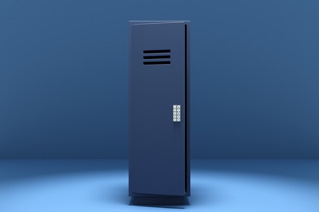 3d illustration of a metal safe with a code call on a blue background. individual booth for clothes