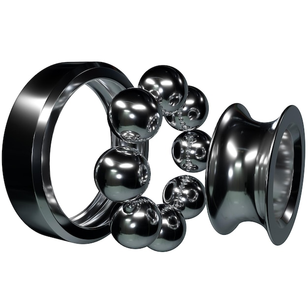 3D illustration metal silver disassembled ball bearing with balls on white isolated background Bearing industrial Part of the car