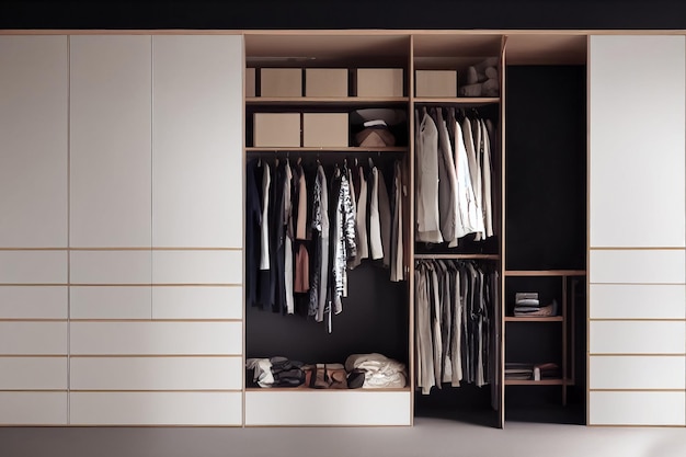 3d illustration of minimalism modetn wardrobe with neatly folded and hung clothes