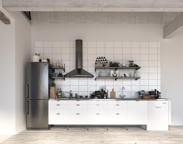 3D illustration of a modern apartment kitchen interior