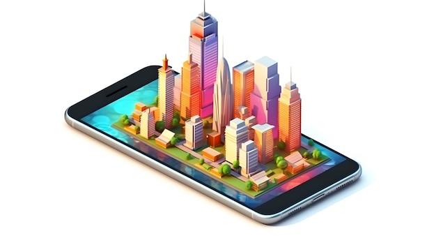 3d illustration of modern city skyline on smartphone