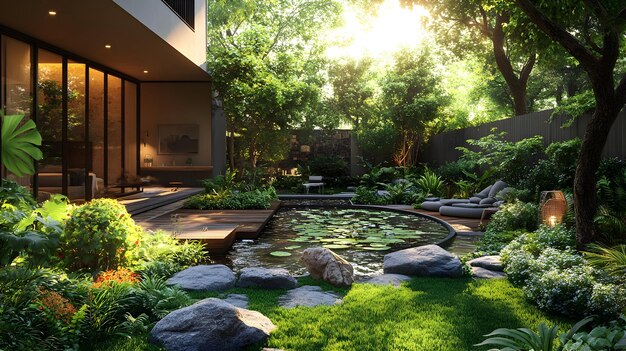 Photo 3d illustration of modern home with landscaped garden pond and patio