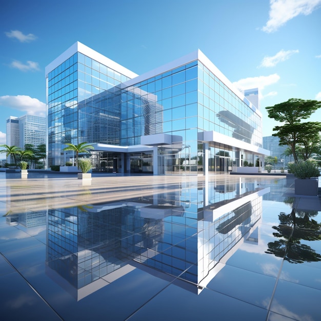 3d illustration of modern office building with reflections on glass surface