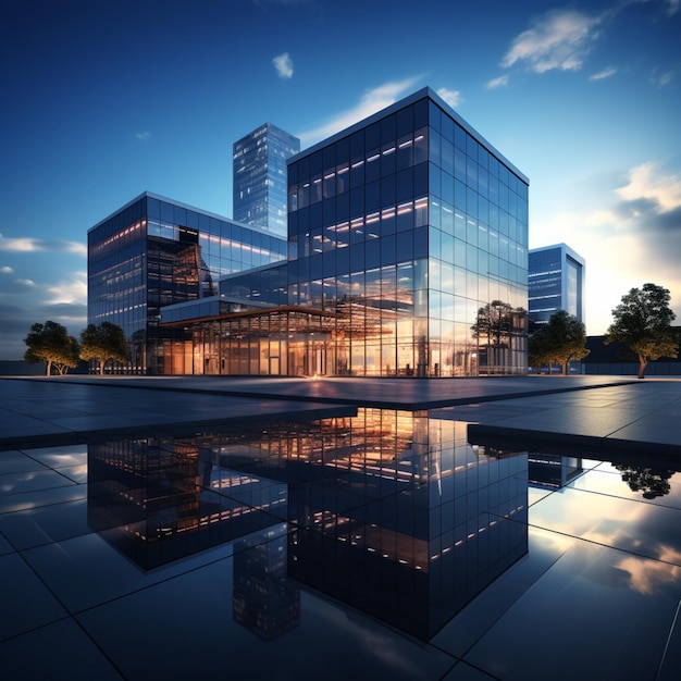 3d illustration of modern office building with reflections on glass surface