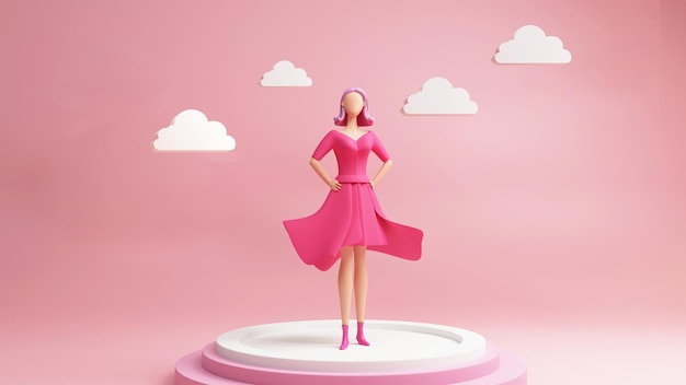 3D Illustration of Modern Young Girl Standing On Stage Pink Background Happy Women's Day Concept