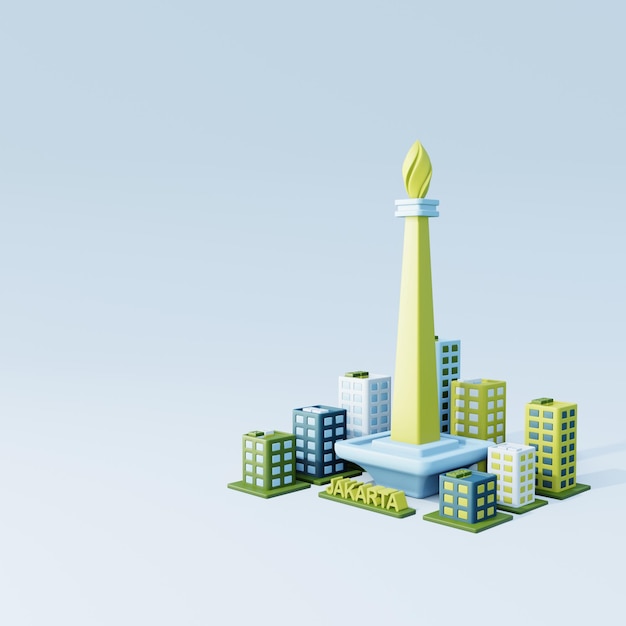 3d illustration Monas as landmark with green space area and Jakarta city view in blue and green