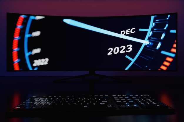 3D illustration of a monitor with speedometers happy new year 2023 in a black room Design illustration for web banner web and mobile infographics App presentation concept