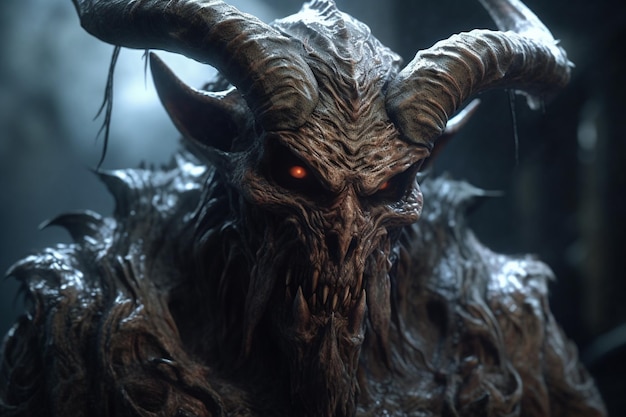 3d illustration of a monster with horns and glowing eyes on a dark background