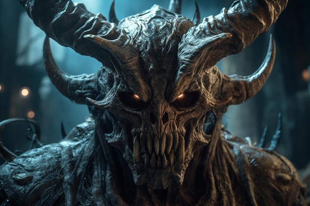 3d illustration of a monster with horns and glowing eyes on a dark background