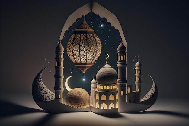 A 3d illustration of a mosque with a moon and stars