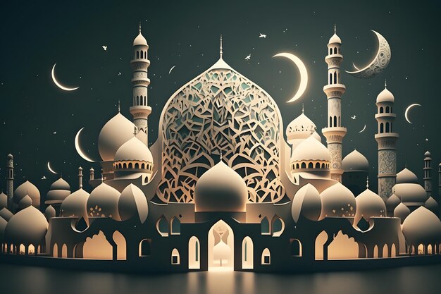 A 3d illustration of a mosque with a moon and stars.